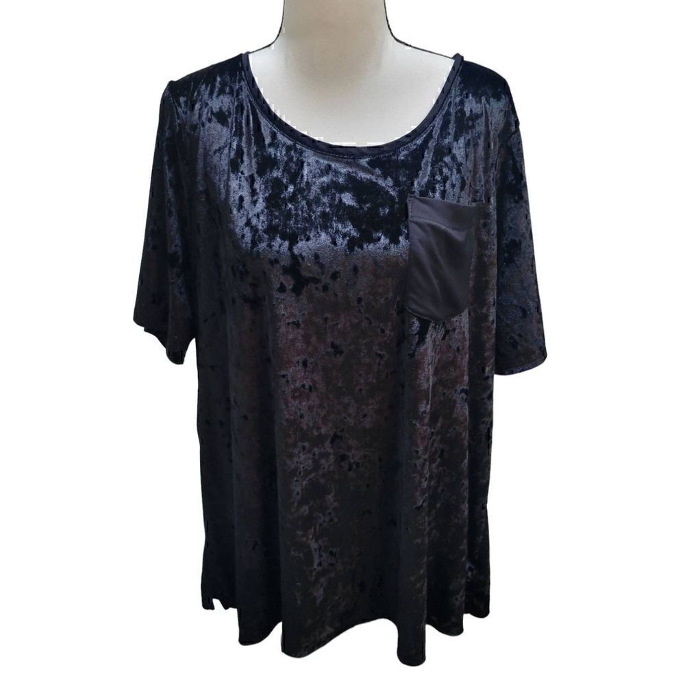 Evri Solid Black Crushed Velvet Stretch Short Sleeve Top Blouse Sz 1X